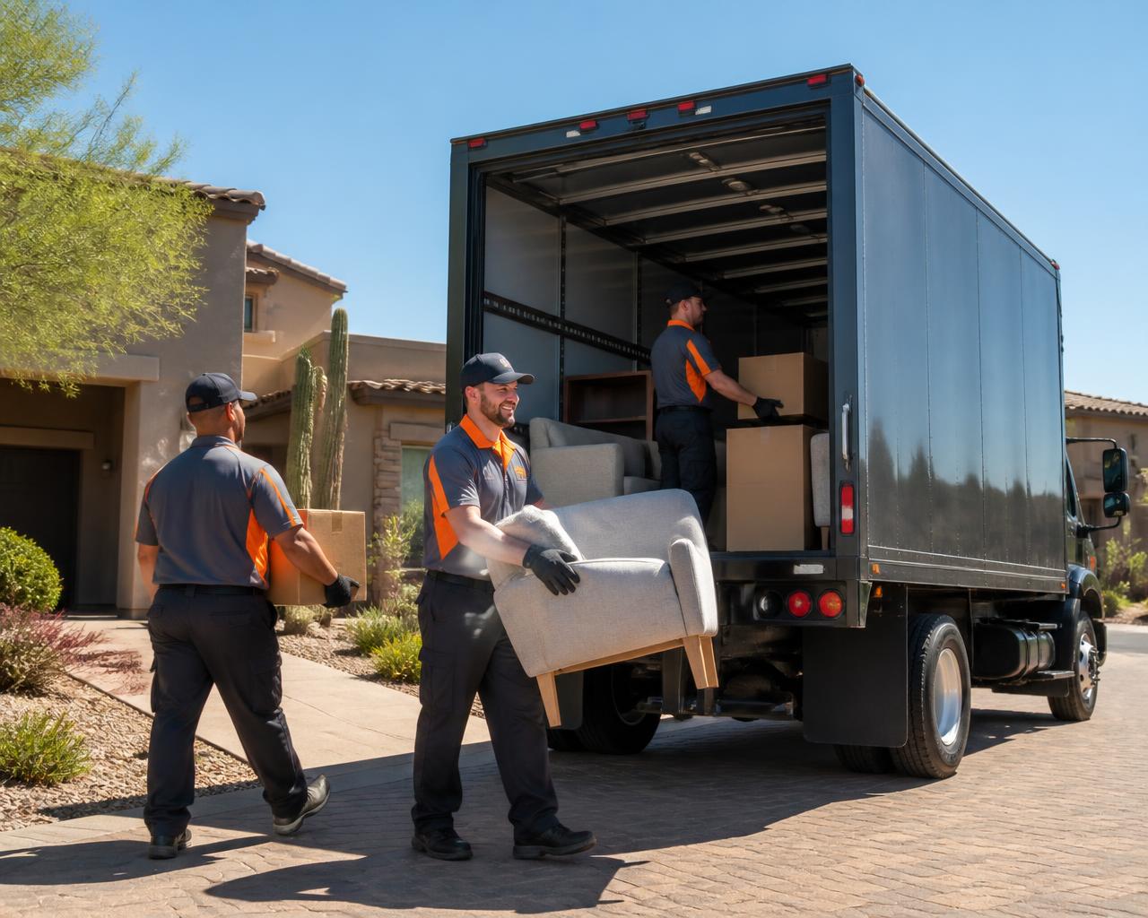 AZ Quick Haul crew loading a sofa and boxes into a dark hauling truck on a Phoenix driveway